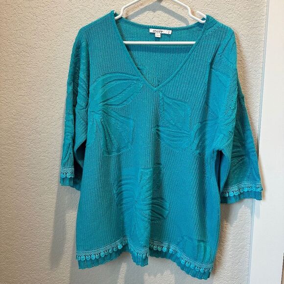 Chico’s Teal Blue Textured Monochrome Floral Lightweight Sweater - Size XL EUC - Picture 1 of 8